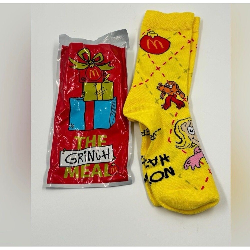 McDonalds Grinch Adult Meal Holiday Yellow Socks & Opened Wrapper Package 2024